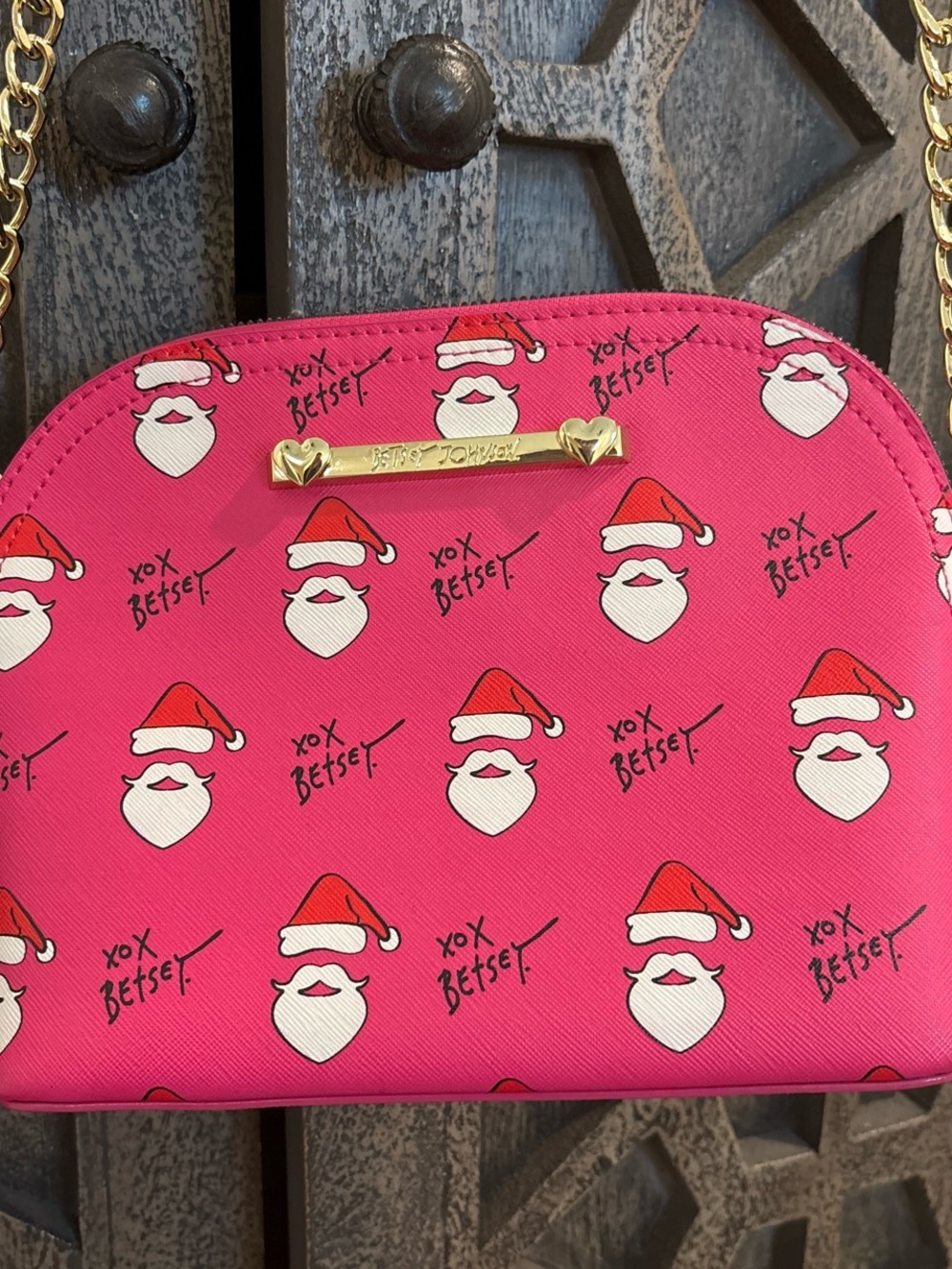Betsey Johnson Pink Santa Face Print Crossbody Bag